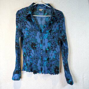 Sash Blue Green Turquoise flowered pleated blouse Size XL